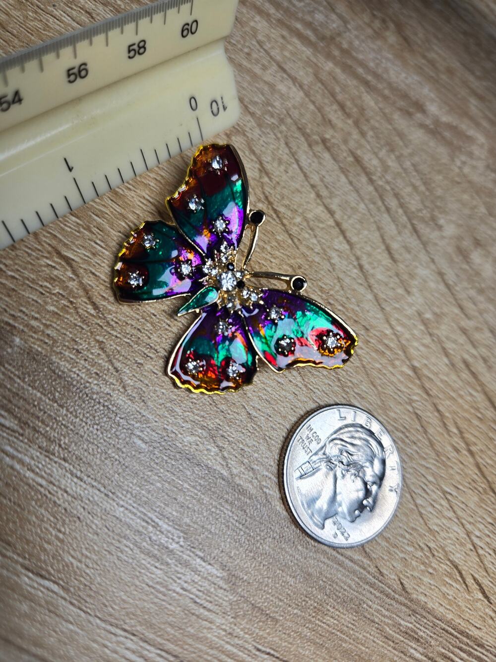 Iridescent Butterfly Brooch Gold Tone Enamel Rhinestone Pin Colorful Statement
